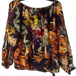 Vince Camuto Navy Blouse with Multicolored Floral Design, Off The Shoulder Neck